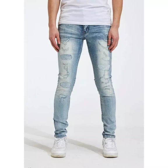 Crysp Denim Men's Distressed Rip & Repair Stonewashed Skinny Fit Stretch Jeans (36, Light Blue)