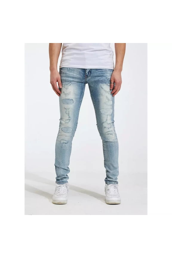 Men's Distressed Rip & Repair Stonewashed Skinny Fit Stretch Jeans (36, Light Blue)