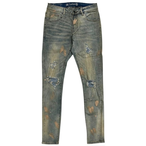 Crysp Denim Men's Distressed Rip Vintage Wash Paint Splatter Skinny Fit Jeans (28, Sand)