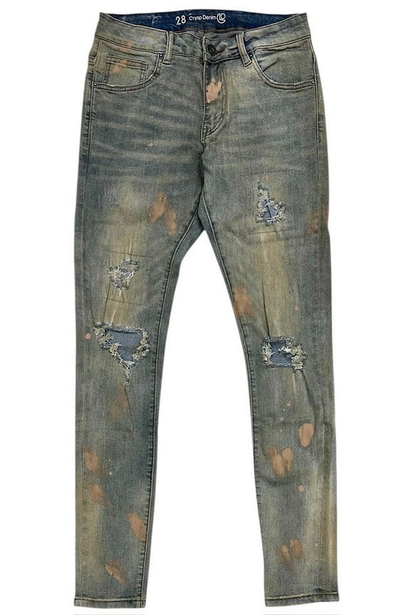 Men's Distressed Rip Vintage Wash Paint Splatter Skinny Fit Jeans (28, Sand)