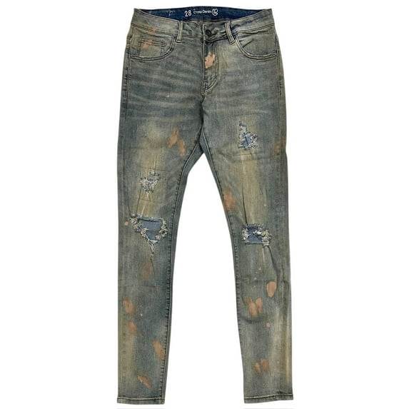 Crysp Denim Men's Distressed Rip Vintage Wash Paint Splatter Skinny Fit Jeans (38, Sand)