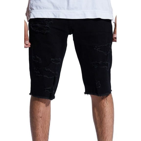 Crysp Denim Men's Distressed Rips & Repairs Skinny Fit Cut Off Denim Jean Shorts (28, Black)