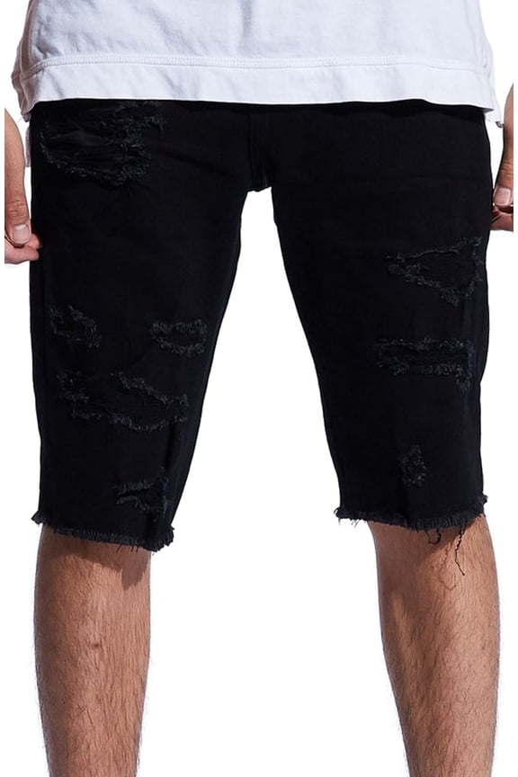 Men's Distressed Rips & Repairs Skinny Fit Cut Off Denim Jean Shorts (38, Black)