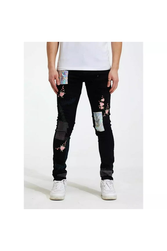 Men's Embroidered Floral Patchwork Distressed Rip Skinny Fit Jeans (36, Black)