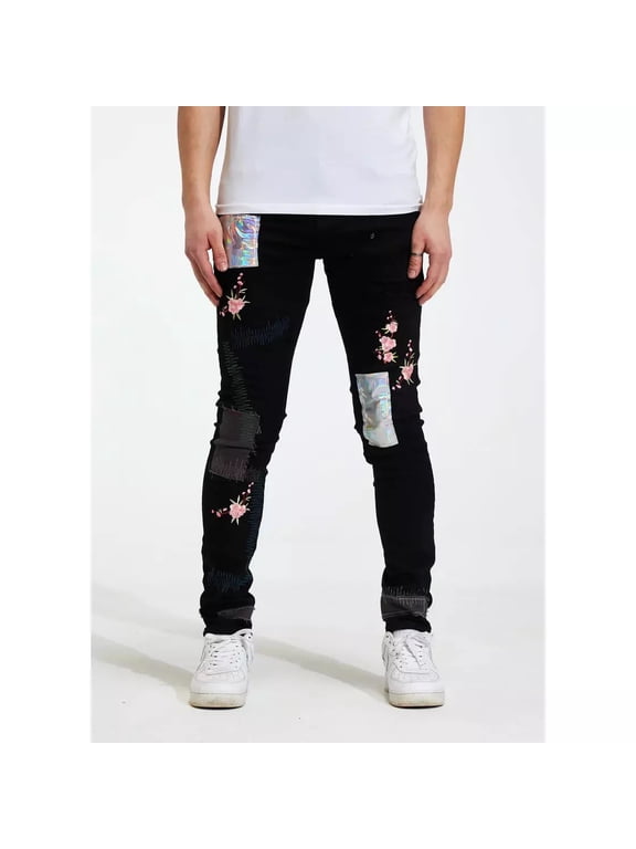 Men's Embroidered Floral Patchwork Distressed Rip Skinny Fit Jeans (36, Black)