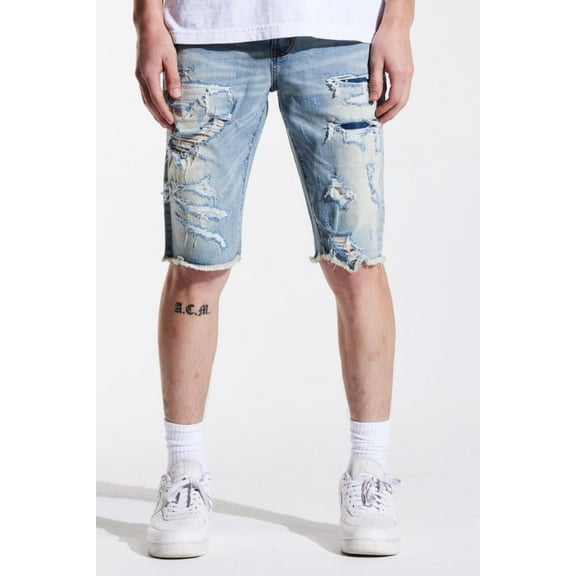 Crysp Denim Men's Frankie Distressed Rips Skinny Fit Denim Jean Shorts (36, Blue Distressed)