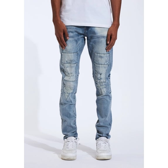 Crysp Denim Men's Groza Paneled Stitching Distressed Rips Skinny Fit Jeans (42, Washed Blue)