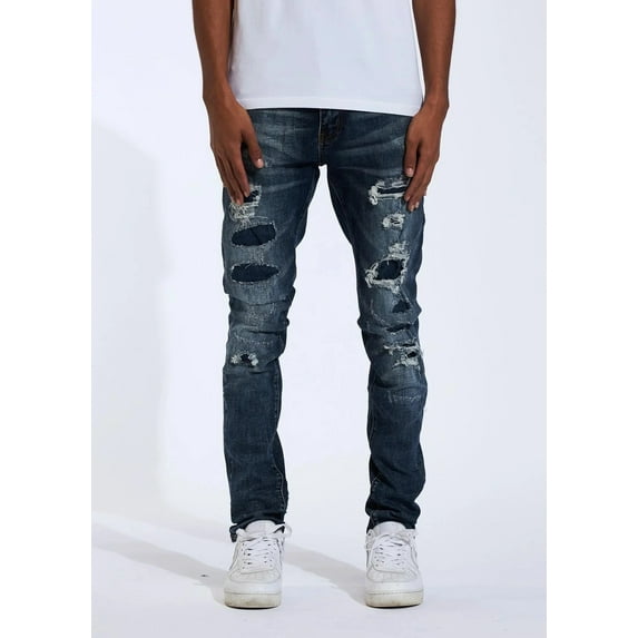 Crysp Denim Men's Indigo Wash Distressed Rip & Repair Skinny Fit Stretch Jeans (28, Indigo Blue)
