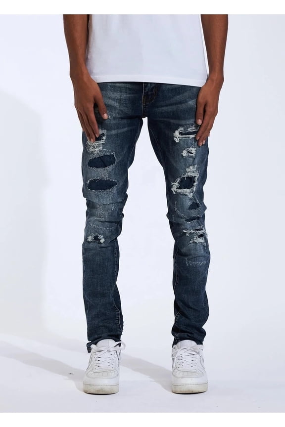 Men's Indigo Wash Distressed Rip & Repair Skinny Fit Stretch Jeans (30, Indigo Blue)