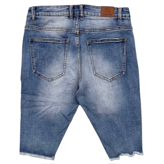 Crysp Denim Men's Jean Shorts Skinny Fit Distressed Rips & Repairs Raw Hem Denim (34, Stonewashed Blue)