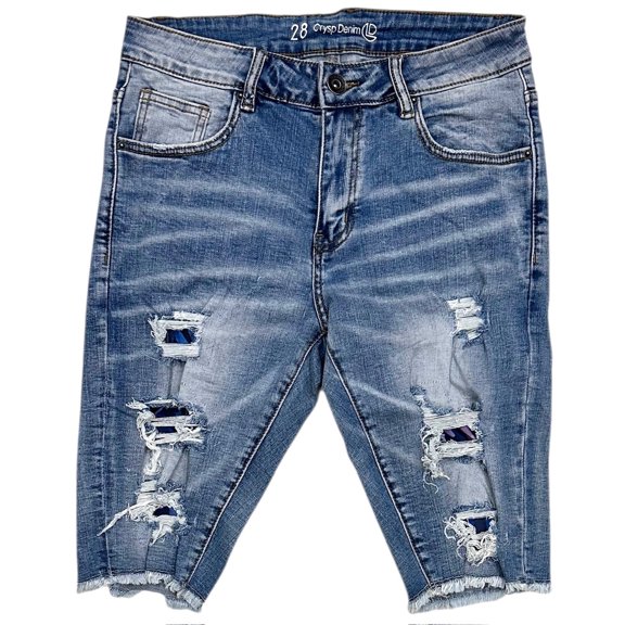 Crysp Denim Men's Jean Shorts Skinny Fit Distressed Rips & Repairs Raw Hem Denim (42, Stonewashed Blue)