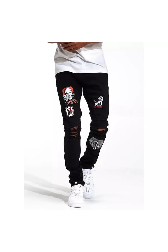 Men's Kurt Patch Stitching Distressed Rips Skinny Fit Jeans in Black (40, Black)