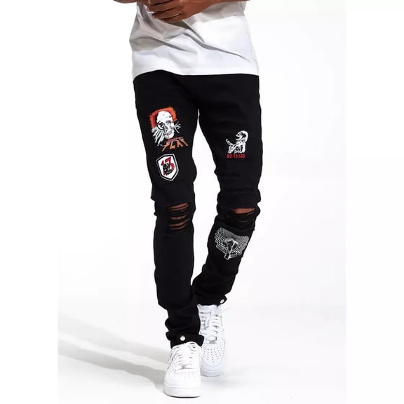 Crysp Denim Men's Kurt Patch Stitching Distressed Rips Skinny Fit Jeans in Black (42, Black)