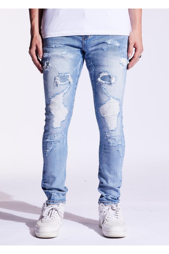 Men's Light Wash Distressed Rip & Repair Skinny Fit Stretch Jeans (38, Light Blue Stonewash)