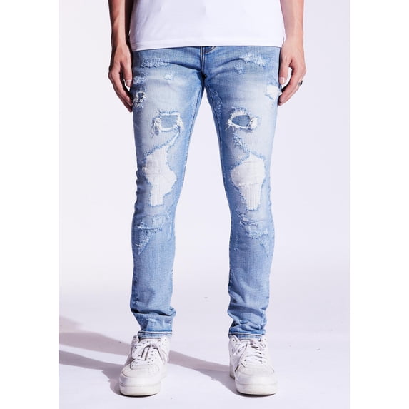 Crysp Denim Men's Light Wash Distressed Rip & Repair Skinny Fit Stretch Jeans (40, Light Blue Stonewash)