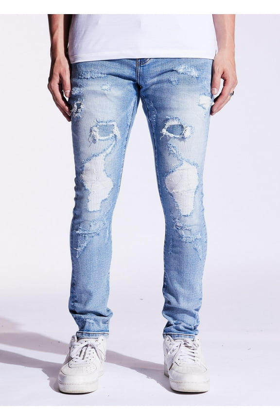 Men's Light Wash Distressed Rip & Repair Skinny Fit Stretch Jeans (40, Light Blue Stonewash)