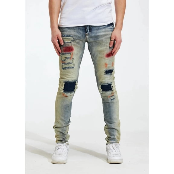Crysp Denim Men's Rip & Repair Patchwork Distressed Skinny Fit Denim Jeans (36, Blue Stonewashed)