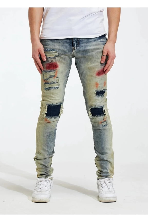 Men's Rip & Repair Patchwork Distressed Skinny Fit Denim Jeans (36, Blue Stonewashed)