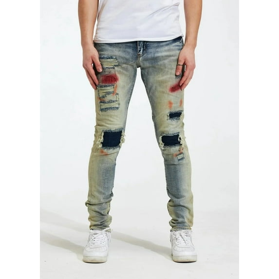 Crysp Denim Men's Rip & Repair Patchwork Distressed Skinny Fit Denim Jeans (40, Blue Stonewashed)