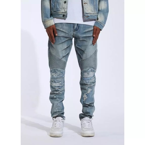 Crysp Denim Men's Skywalker Moto Distressed Rips Skinny Fit Stretch Denim Jeans (32, Light Blue Distressed)