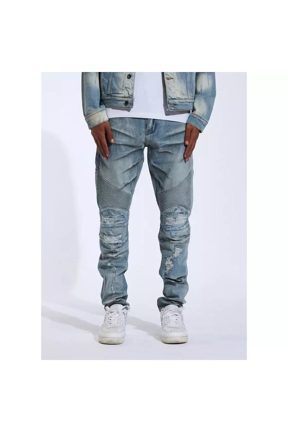 Men's Skywalker Moto Distressed Rips Skinny Fit Stretch Denim Jeans (40, Light Blue Distressed)