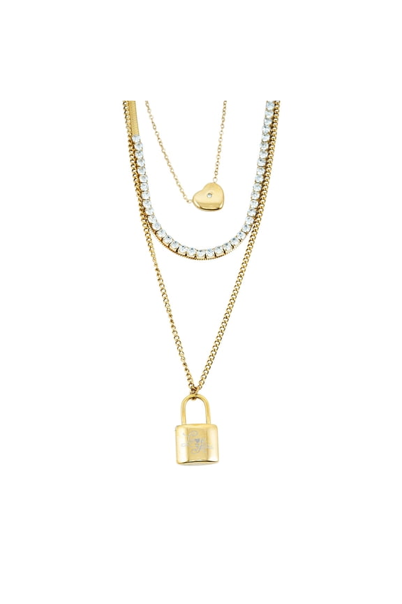Crystal 3 Layered Lock and Heart Charm Necklace with 2 Inch Extender 16 18 and 22 Inches in ION Plated Yellow Gold Stainless Steel Christmas Gifts