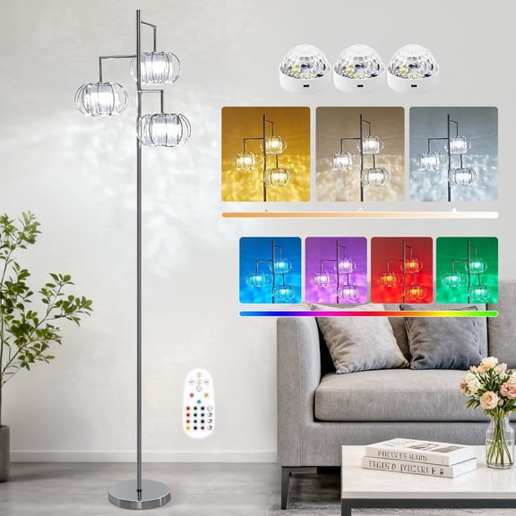 Keyinest Crystal Floor Lamp, 3-Light Modern Floor Lamp with Rechargeable RGB Bulbs and Remote Control, Silver