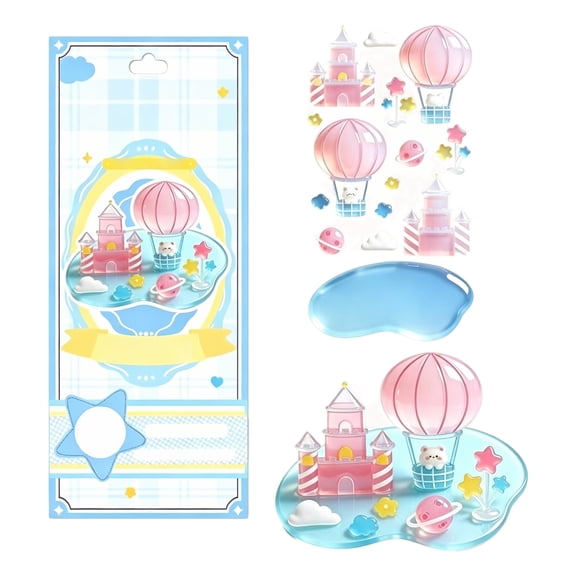 Crystal 3D Puffy Kawaii Cute Kawaii 3D Sticker Scene Summer for Student Transparent Drop Gel Design with Hot Air Balloon Castle Sky Theme Diy Handmade Craft Accessory for Art