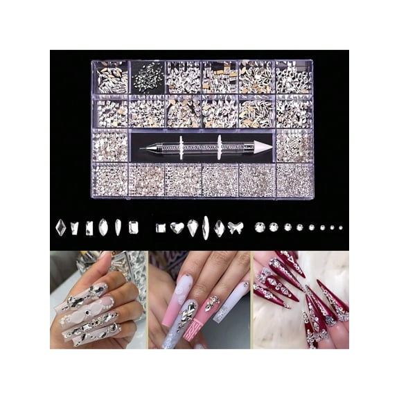 Crystal AB Nail Art Rhinestones Kit with 20 Shapes 3D Glass Flatback Beads with Pickup Pen Sparkling Crystal Beads for Nail Art & Craft Decoration
