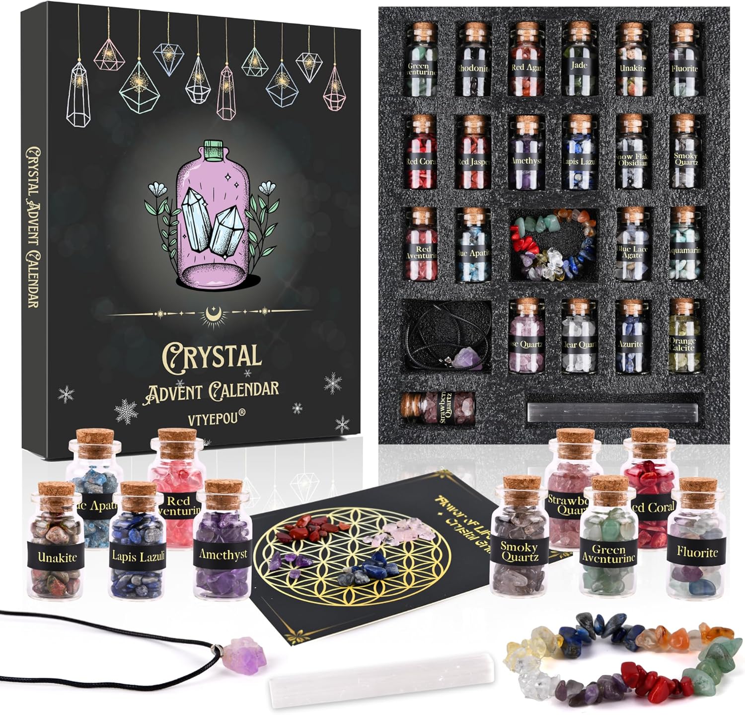 Crystal Advent Calendar for Adults Women - Healing Gemstone Advent Calendar 2025 for 24 Days Christmas Countdown - Natural Crystals Chips Bottles Gift Set for Witch Beginners