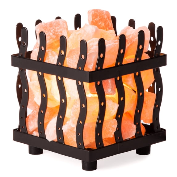 Crystal Allies Metal Wave Cube Basket Salt Lamp Made from Natural Himalayan Pink Salt Crystal Chunks, with Bulb and Cord - Sunburst