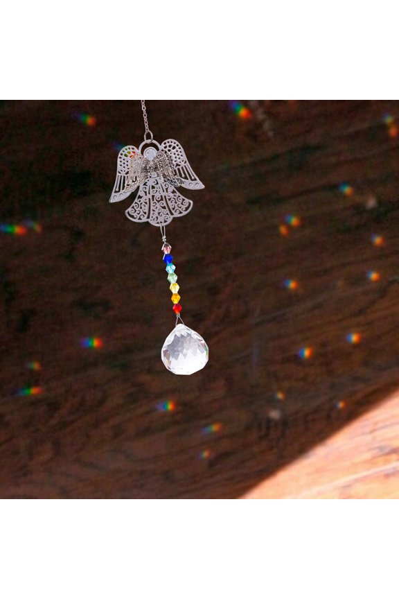Crystal Angel Chakra Suncatcher, Gaqring Rainbow Prism Crystal Car Pendant, 14 Inch Multicolor Crystal Ornament for Window Hanging Car Keychain Decor