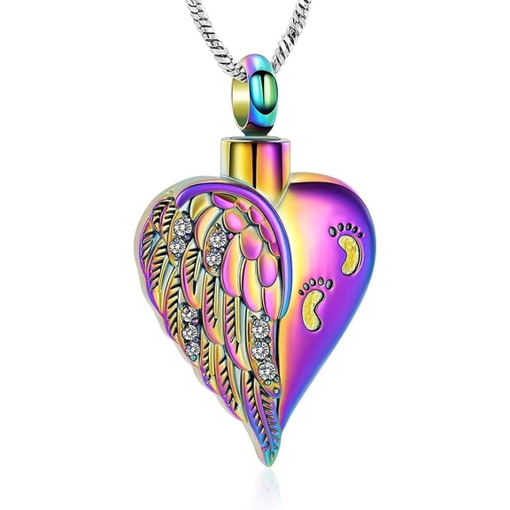 Crystal Angel Wings Heart Necklace Footprint Angel Wings Memorial Sympathy Jewelry Footprint Ashes Keepsake for Women Gifts