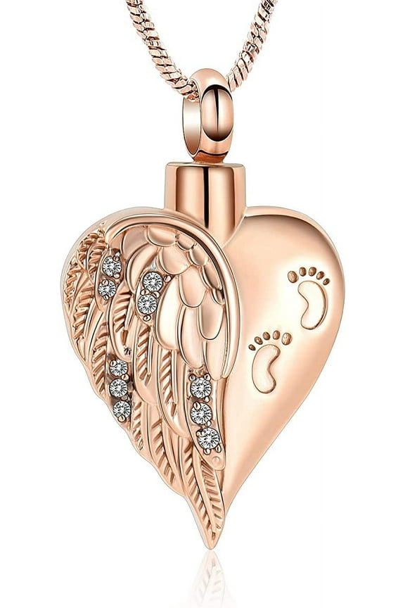 Crystal Angel Wings Heart  with Footprint Memorial Cremation Jewelry for Ashes Holder Urn Necklace for Ashes of Loved One Pendent for Ashes and Chain