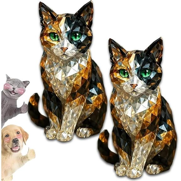 Crystal Animal Sculptures, 2025 Crystal Style Animal Sculptures, Handmade Cat/Dog Figurines, Collectible Art Painted Glass Animal Statue for Home, Office, Bar Decor (2CAT)