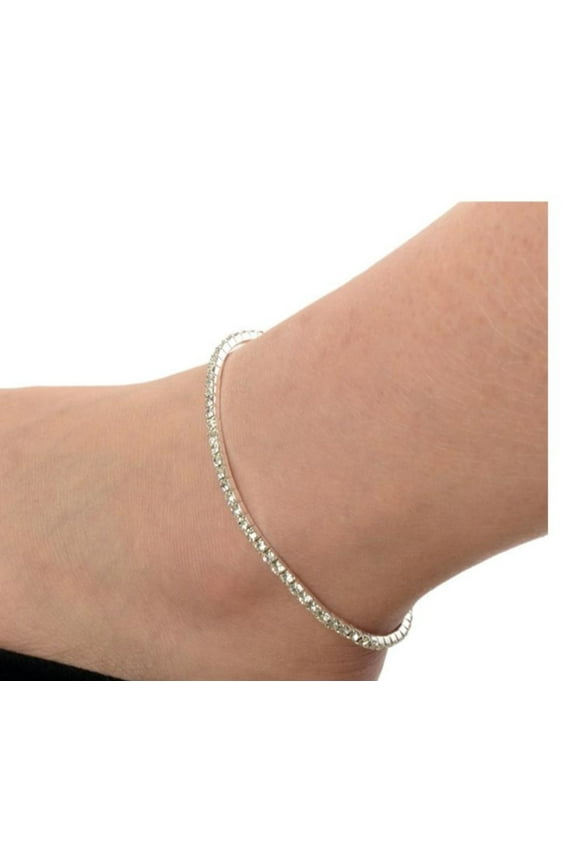 Crystal Anklet Single Row High Faceted Rhinestones Stretch Adjustable, Silvertone, No Clasp