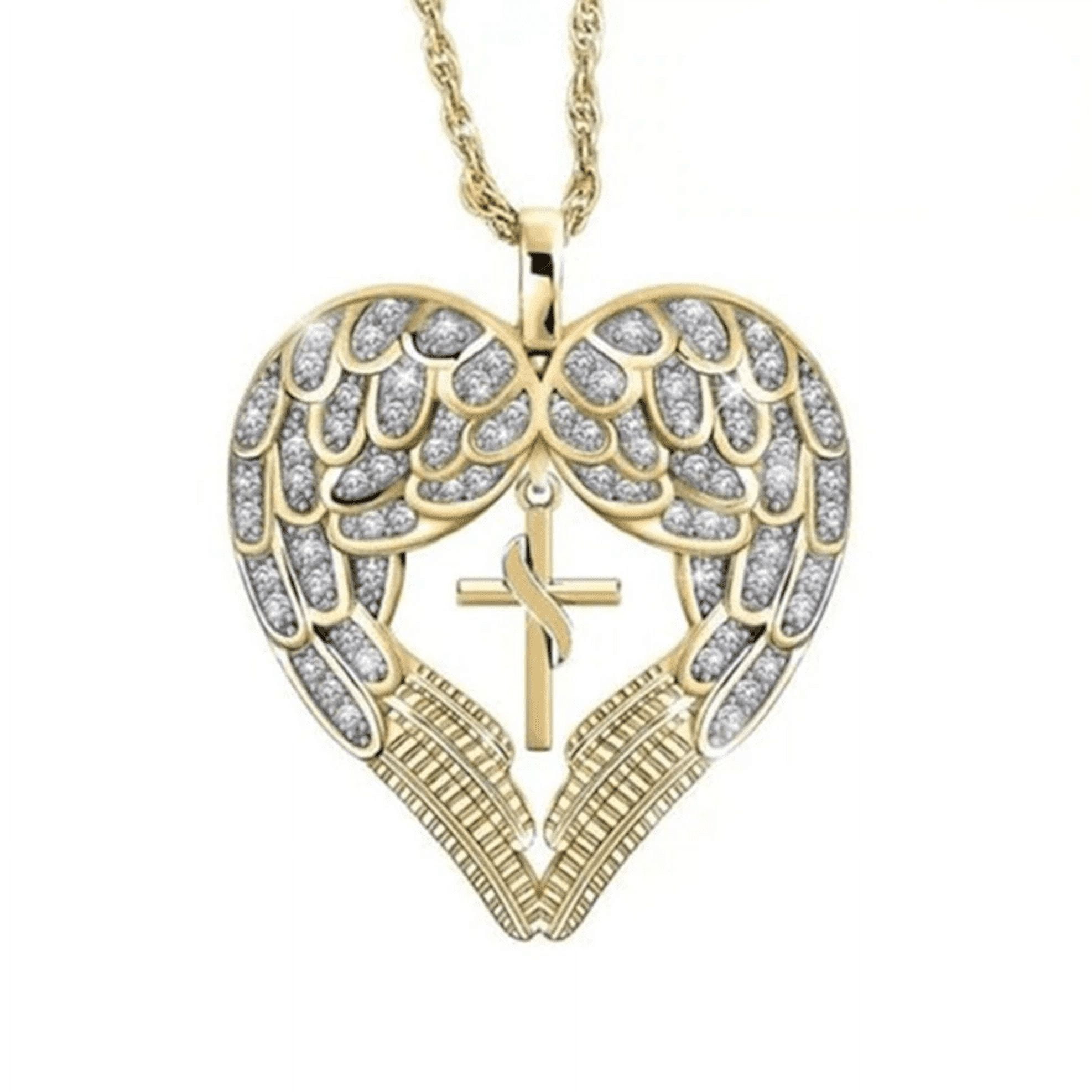 Crystal Anti-Tarnish Heart Necklace Angel Wing Cross in Center Of Pendant Jewelry-327