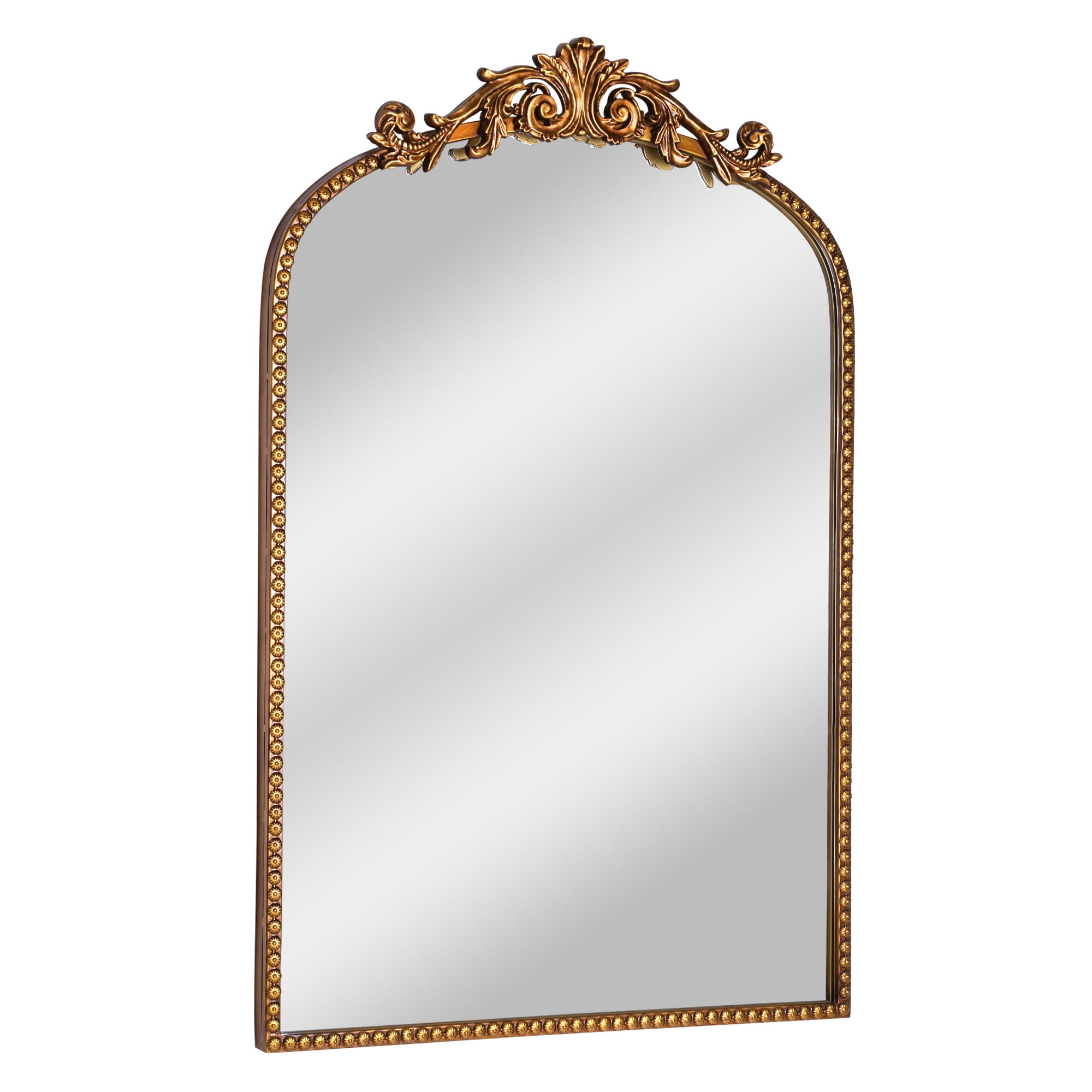 Crystal Art Gallery 30” x 20” Antique Gold Arch Wall Vanity Mirror, Ornate Vintage Baroque Mirror with Decorative Scroll Crest, Beaded Frame & Keyhole Hanging for Bedroom Entryway