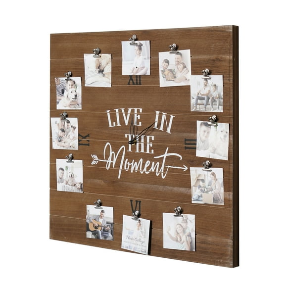 Crystal Art Gallery Live in the Moment Brown Wood Plank Photo Collage Clock with Picture Clip - 20" x 20"