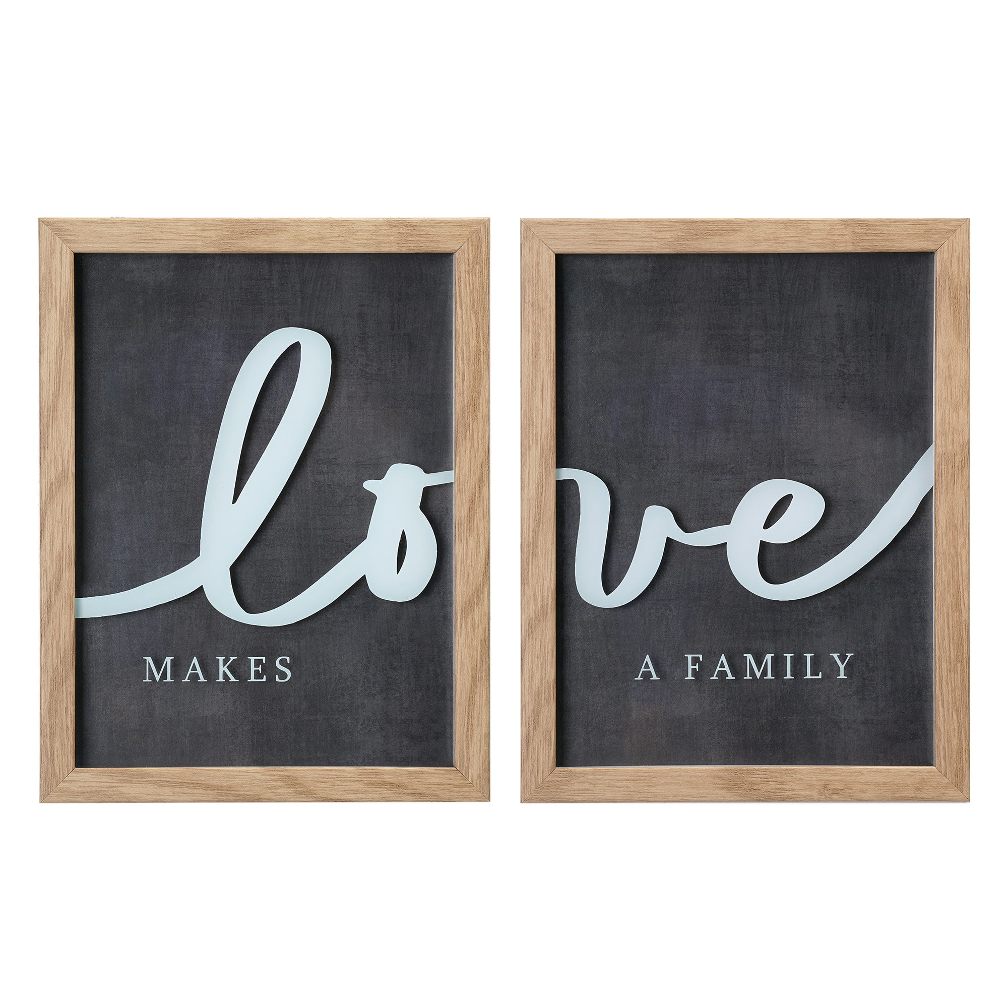 Love Makes a Family Black and White Glass Typography Print with Pine Frame