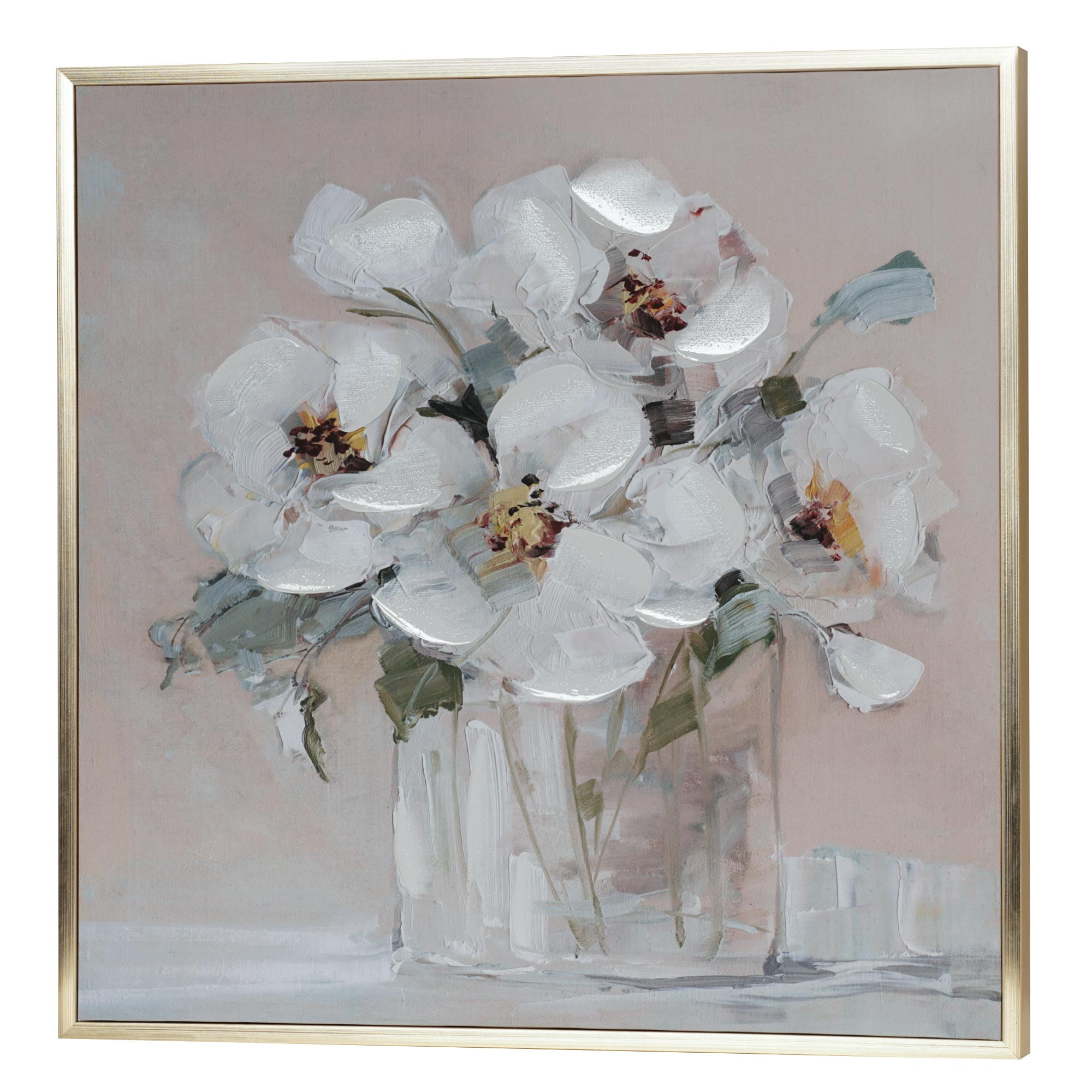 Crystal Art Gallery - White Peonies Gold L-Framed Canvas Farmhouse Style Wall Artwork- 23" x 23"