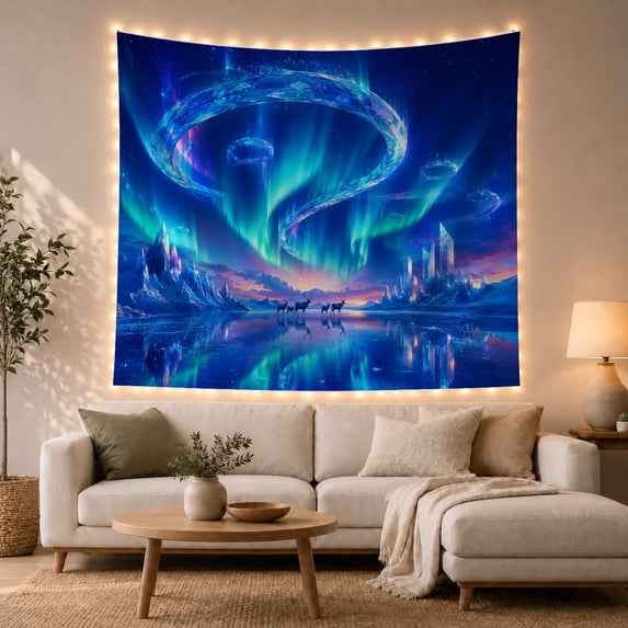 Crystal Aurora Rings Over a Frozen Lake with Reindeer and Mountains, Dreamy Fantasy for Space Lovers, Magical Wilderness Wall Art, Christmas Gift Tapestry Wall Hanging for Living Room and Bedroom