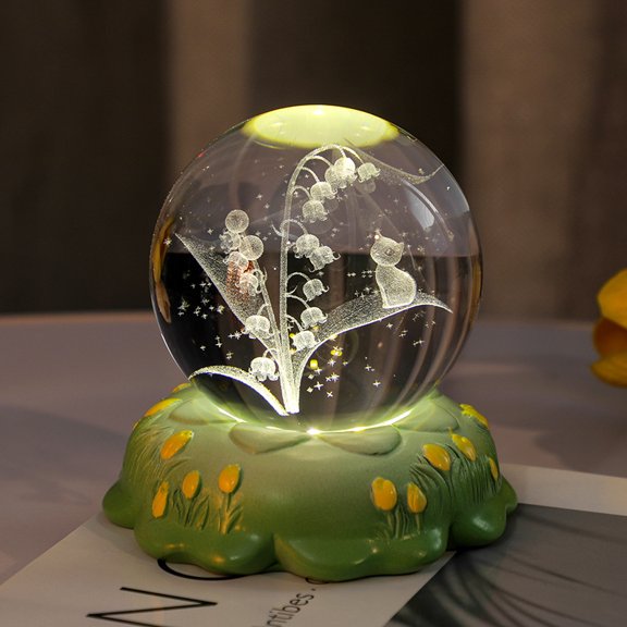 Crystal Ball 3D Inner Carved Small Crystal Ball Light with Resin Base, Decorative Creative Gift Luminous Crystal Ball for Christmas Classmates and Kids Birthday (Style 4)