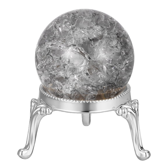 Crystal Ball 40mm, Ice Cracked Glass Ball with Metal Stand, Decorative Crystal Sphere Glass Paperweight for Home Wedding Office Party Table Decor, Dark Black Grey/Silver