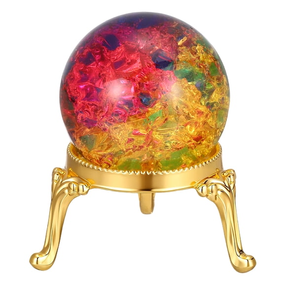 Crystal Ball 40mm, Ice Cracked Glass Ball with Metal Stand, Decorative Crystal Sphere Glass Paperweight for Home Wedding Office Party Table Decor, Light Multicolor/Gold