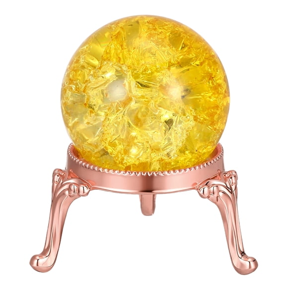 Crystal Ball 40mm, Ice Cracked Glass Ball with Metal Stand, Decorative Crystal Sphere Glass Paperweight for Home Wedding Office Party Table Decor, Yellow/Rose Gold