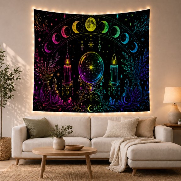 Crystal Ball Among Rainbow Moon Phases, Mystical Psychedelic Art for Astrology Fans, Fortune Telling Decor, Halloween Gift, Tapestry Wall Hanging for Bedroom and Studio