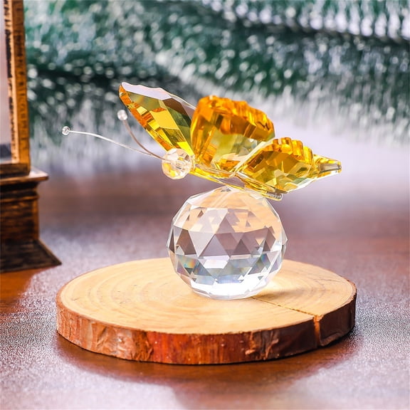 Crystal Ball Butterfly Ornament Yellow Crystal Flying Butterfly With Crystal Ball Base Statue Collection Cut Butterfly Animal Decoration Suitable For Desk, Home, Bedroom Tabletop Decor For Party