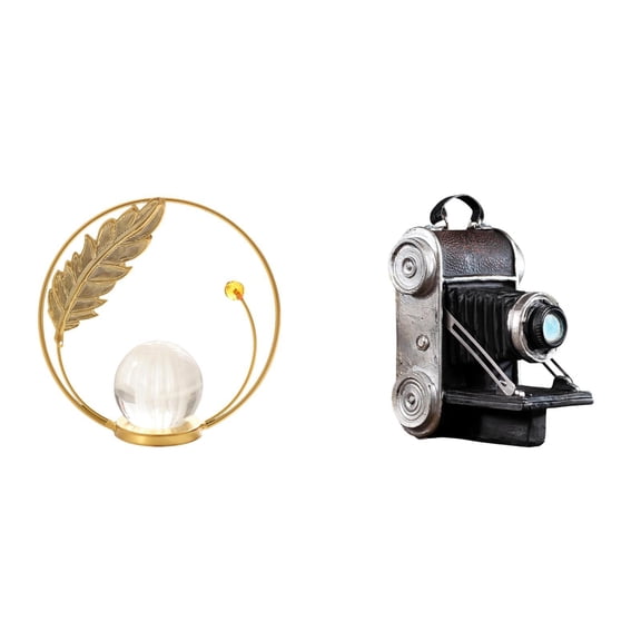 Crystal Ball Camera Sculpture Metal Figurine with Resin Material for Living Room Bedroom Office Decor