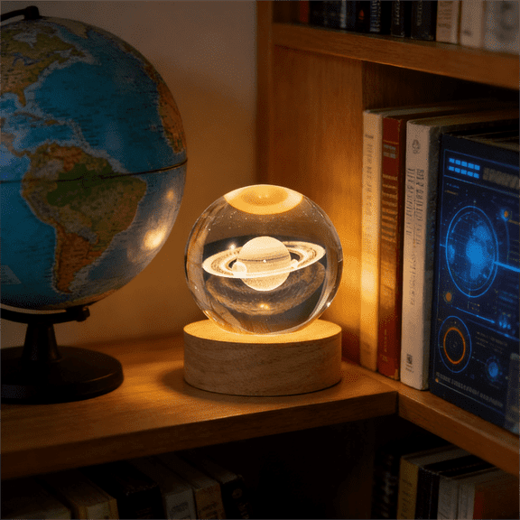 Crystal Ball Colorful Night Light, Wooden LED Lamp Base, 3D Laser Engraved Saturn Model, Carved Decor, Gift for Christmas Valentine's Day Birthday